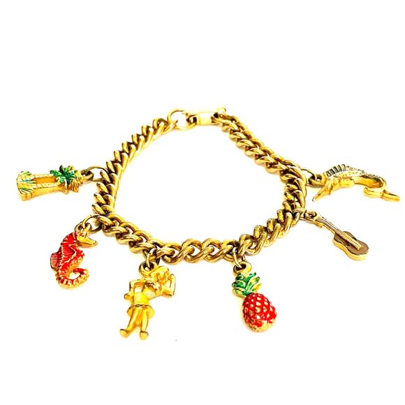 VTG Hawaiian Charm Bracelet Beach Tropical Hula Girl Palm Tree Fish Guitar 6.5" - Picture 1 of 8